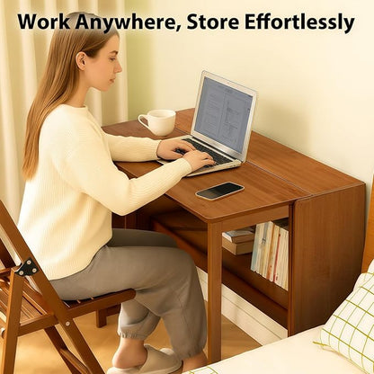 31.5" Bamboo Folding Desk,Space-Saving Computer Desk for Small Spaces, Foldable Study Table for Bedroom, Home Office, Dorm, Apartment（Brown