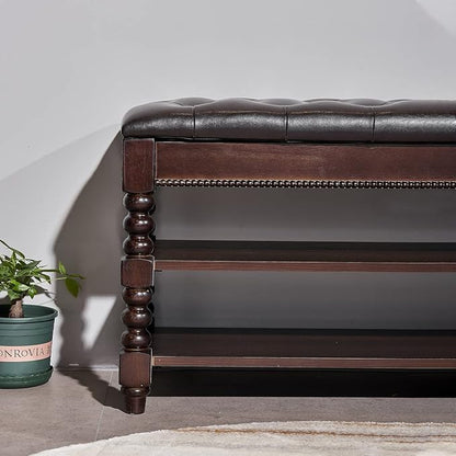 Shoe Storage Bench, Entryway Shoe Rack with Leather Seat 2-Tier Lift-top Organizer Wooden Bench for Foyer Bedroom Living Room Accent Furniture (39.4'')