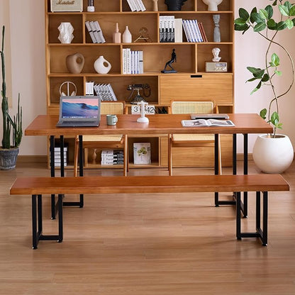 Solid Wood Administrative Desk, Dining Table with Durable Metal Legs, Uniquely Designed Leisure Table, Perfect for Restaurants and Home Offices, (Wood Brown, 70.87in)