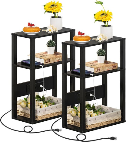 3-Tier Small Narrow Wood Side Table Set of 2 with Charging Station - Skinny Nightstand for Small Spaces, Slim Bedside Table with USB Ports and Outlets - Thin End Table with Storage, Black