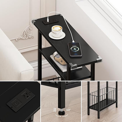 Vagusicc Narrow Side Table with Charging Station, 3-Tier Skinny Side End Table for Couch, Small End Tables for Small Spaces, 25.2" Tall Slim Nightstand Bedside Table for Living Room, Bedroom, Black
