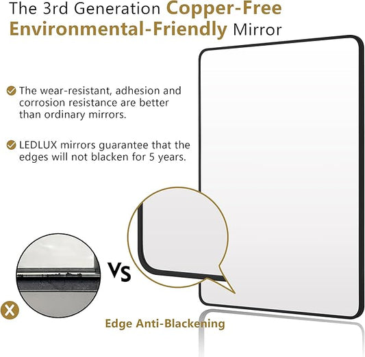 24"x30" Bathroom Wall Mirror with Matte Black Metal Frame & HD Glass, Copper-Free Mirrors Modern Rectangle Round Corner Framed Vanity Mirror - Horizontal or Vertical Installation