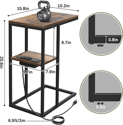 Yoobure C Shaped End Table with Charging Station, Small Side Table for Sofa，26" Tall Tv Tray Couch Table with Storage,Bedside Table with USB Ports and Outlets for Living Room, Bedroom, Rustic Brown