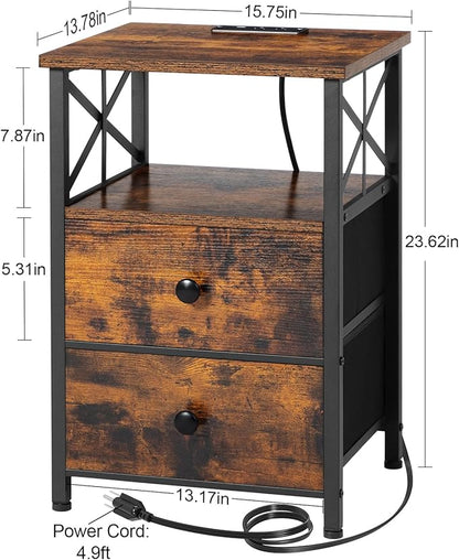 AMHANCIBLE Night Stand Set 2, Nightstand with Charging Station, End Tables Living Room with USB Ports and Outlets, Bedside Tables with Fabric Drawers for Bedroom, Rustic Brown HET05XBR