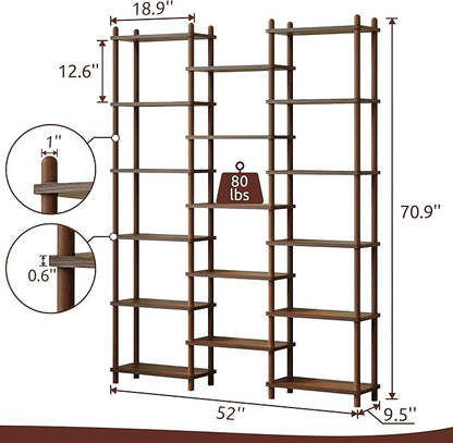 IOTXY Wooden Triple Wide Bookshelf - 6-Tier Large Shelf Bookcase with Solid Beech Frame, Tall Freestanding Open Etagere Display Rack for Home Office, Walnut
