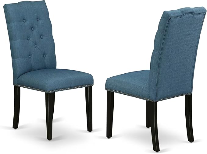 East West Furniture V627EL121-9 9 Piece Dining Table Set Includes a Rectangle Dining Room Table with V-Legs and 8 Blue Linen Fabric Upholstered Parson Chairs, 40x72 Inch, Multi-Color