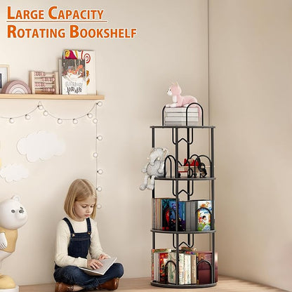 3 Tier Rotating Bookshelf, 360° Spinning Bookshelf Tower, Round Narrow Space Saving for Books and Display, Revolving Bookcase Corner Tall Book Shelf for Small Spaces, Bedroom, Living Room, Black+Black