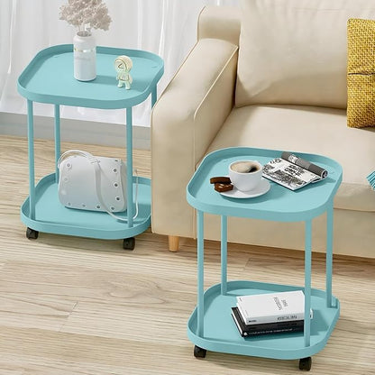 Side Table with Wheels, End Table Living Room Plastic Mobile Sofa Side Table Small Night Stand Bedroom Blue (2 Pack)
