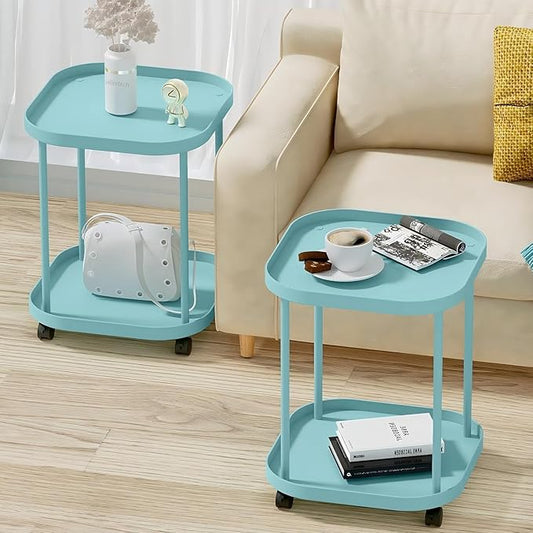 Side Table with Wheels, End Table Living Room Plastic Mobile Sofa Side Table Small Night Stand Bedroom Blue (2 Pack)