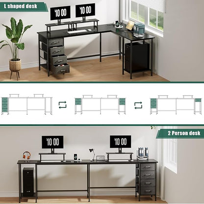 66" L Shaped Computer Desk, 94.4'' Home Office Desk with Power Outlets, 4 Adjustable Storage Drawers & 2 Monitor Stands, Large Two Person Gaming Table for Writing Study, Black