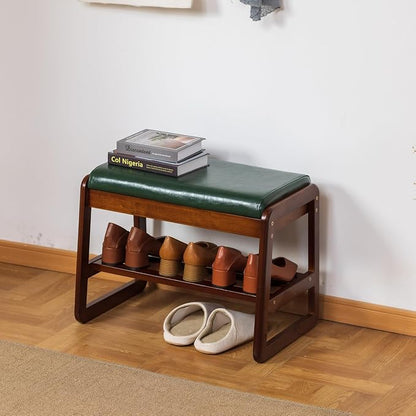 Solid Wood Shoe Bench, 2-Tier Entryway Bench with Cushion and Flip-Open Storage Box, Mid-Century Modern Shoe Bench Rack for Hallway, Mudroom(Green, 21.65'')