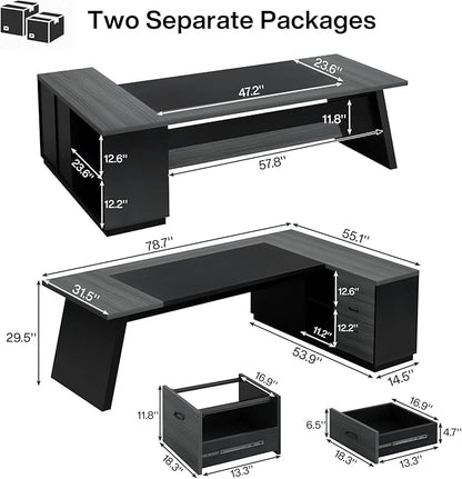 Tribesigns 78" L-Shaped Executive Desk, Large Modern Office Desk with Drawers and Lateral File Cabinet, Business Furniture with Storage Shelves, Big Computer Desk for Home Office (Grey + Blcak)