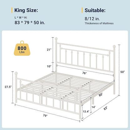 Allewie 14 Inch King Size Metal Platform Bed Frame with Victorian Vintage Headboard and Footboard/Mattress Foundation/Under Bed Storage/No Box Spring Needed/Easy Assembly/Noise Free/White