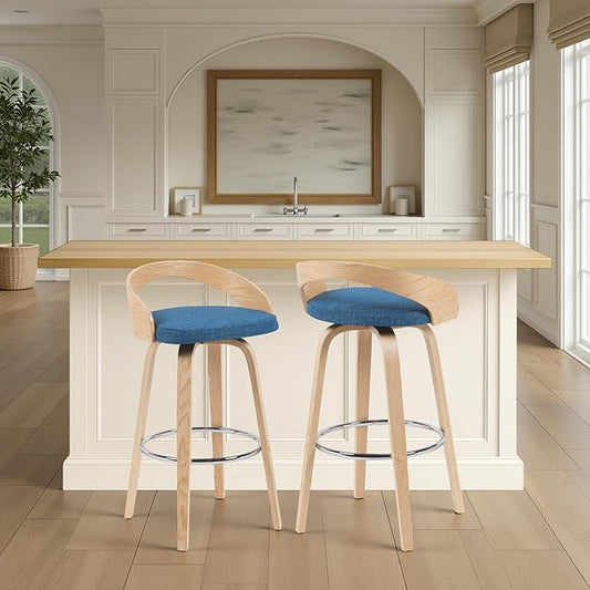 Sonia Modern Swivel Bar Height Stool with Blue Upholstered Seat and Patterned Oak Wood Finish Set of 2