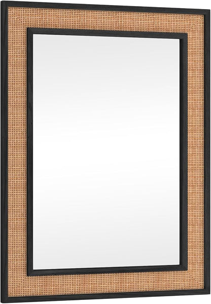 Rattan Wall Mirror with Wooden Framed 24 X 32 inch Farmhouse Rectangle Wood Mirror for Modern Decorative Bathroom, Living Room, Entryway, Bedroom (Black)