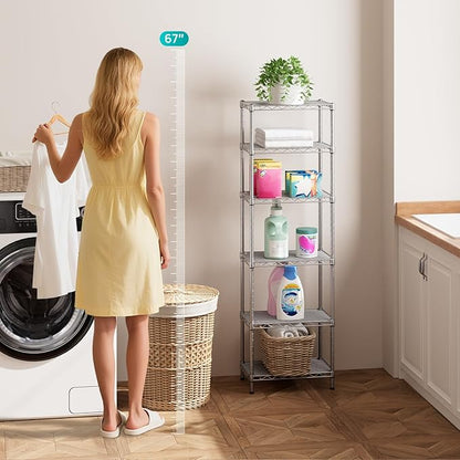 SINGAYE 6 Tier Shelf Wire Shelving Adjustable Storage Shelves Rack Standing Units for Kitchen Closet Laundry Bathroom Organizers Metal Pantry Narrow Mesh Gaps 10" D x 16" W x 60" H Gray