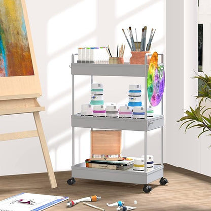 SOLEJAZZ 3 Tier Rolling Storage Cart with Wheels Slim Craft Nail Makeup Snack Art Baby Utility Cart Organizer on 2 Lockable Wheels for Bathroom Laundry Room Kitchen Bedside Narrow Spaces, Gray