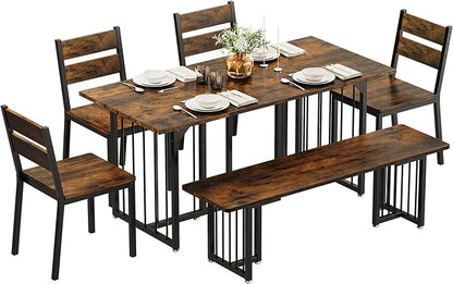 DWVO 63 Inch Dining Table Set for 6-8 People 6-Piece Large Kitchen Table Set with 2 Benches and 4 Chairs Farmhouse Rectangular Dining Room Table for Kitchen Dining Room Apartment Rustic Brown
