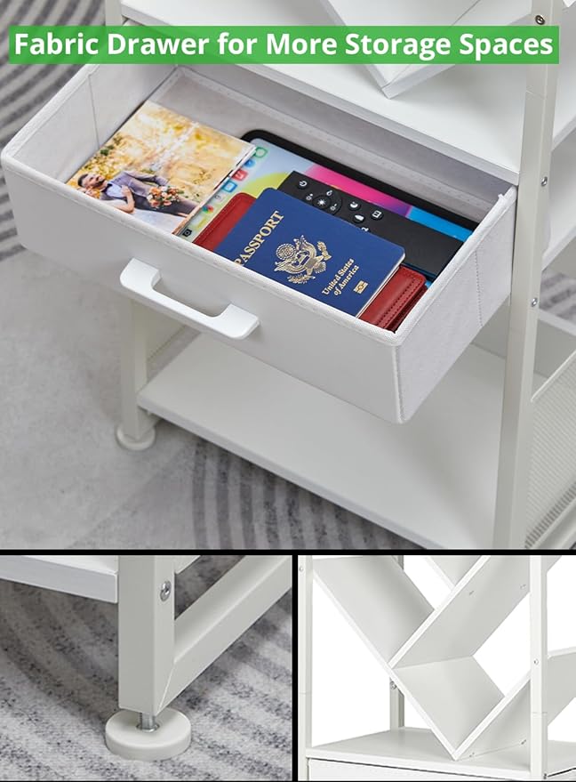 Bookshelf with Drawer,10 Tier Tree Bookcase Retro Floor Standing Bookshelves,Tall Wood Bookcases with Cabinet Storage Organizer for Living Room, Bedroom & Home Office, White