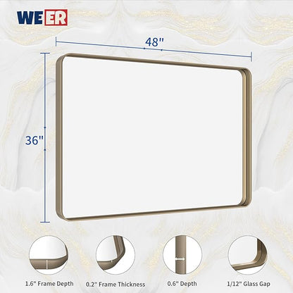 WEER Bronze Bathroom Mirror 48x36 Inch, Farmhouse Oil Rubbed Bronze Mirror for Wall, Aluminum Alloy Brushed Bronze Metal Frame Mirror for Vanity, Tempered Glass, Anti-Rust (Horizontal/Vertical)