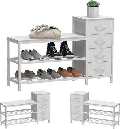 EXOTICA 3-Tier Shoe Storage Bench White Entryway Shoe Rack with 4 Drawers and Seating Shoe Shelf Storage Cabinet for Hallway Front Door Doorway Living Room Mudroom Steel Frame