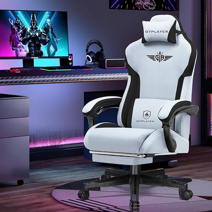 GTPLAYER Gaming Chair with Footrest, Big and Tall Game Chair High Back Computer Office Chair with Lumbar Support for Adults, Ergonomic Swivel Games Chair with Cushion Gaming Velvet Fabric Light Blue