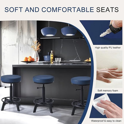 Vintage Short Bar Stools Industrial Swivel Counter Stools 17-24inch Height Adjustable Rustic Leather PU Seat Chairs for Kitchen Island Extra Seat Beside Sofa (Dark Blue)