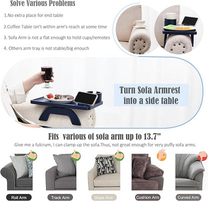 Nnewvante Couch Cup Holder,3 in 1 Large 15.36""x9.85"" Bamboo Sofa Arm Clip on Tray Table with 360°Rotated Phone/Drink Holer, Navy Blue, CAT39252