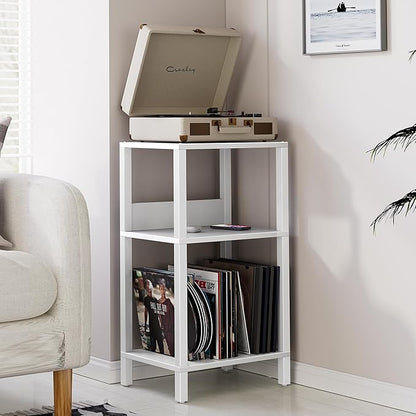 TUTOTAK Record Player Stand with Storage Up to 100 Albums,Record Storage Table,3 Tier End Table,Side Table for Living Room, Bedroom, White TB01BW075