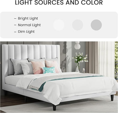 SHA CERLIN King Bed Frame/Velvet Upholstered Platform Bed Frame with Headboard/Strong Wood Slats Support/Mattress Foundation/No Box Spring Needed/Easy Assembly/White