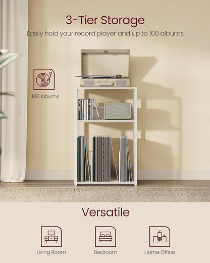 VASAGLE Record Player Stand, 3-Tier Side Table, Vinyl Record Storage up to 100 Albums, End Table for Living Room, Bedroom, Rustic White ULET275W01