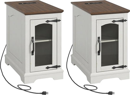 End Tables Set of 2 with Charging Station,13.8"W Narrow Side Table with Storage for Sofa Couch or Bed Side with Outlets & USB Ports, Farmhouse Nightstand with Glass Door for Bedroom Livingroom