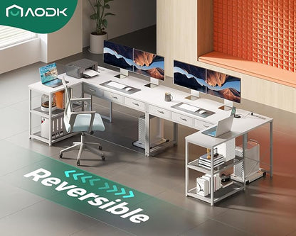 AODK 53 Inch L Shaped Computer Desk with Drawers, Corner Desk with Power Outlets & Reversible Storage Shelves, Movable CPU Stand for Home Office Gaming, White