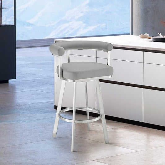 Armen Living Magnolia Swivel Bar Stool in Brushed Stainless Steel with Light Grey Faux Leather