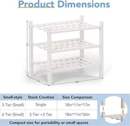 Haddockway small 3 Tier Bamboo Shoe Rack Storage Organizer, Multifunctional Free Standing Stackable Shoe Shelf with Grid Panel for Closet,Hallway,Entryway,Small Space 18"x11"x17"(White, 3-Tier(Small))