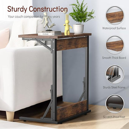 Tatub 24" Folding C Shaped End Table, Small Sofa Side Laptop Desk, Couch TV Tray Table for Living Room, Bedroom, Rustic Brown