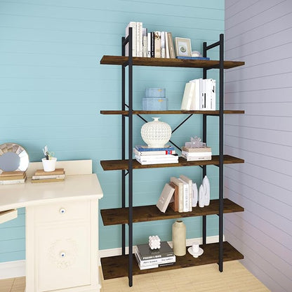5 Tiers Bookshelf Organizer Industrial Shelf,Modern Open Display Storage Bookcase,Rustic Brown and Metal Bookshelf Standing Storage Shelf Tall Shelving Units for Home Office Study.