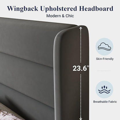 Allewie Queen Size Platform Bed Frame with Velvet Upholstered Wingback Headboard, No Box Spring Needed, Under Bed Storage Space, Strong Wooden Slats, Modern Mattress Foundation, Easy Assembly, Grey