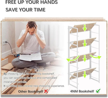 4NM No Assembly 4 Tiers Book Shelves, White Folding Bookshelf Bookcase Open Industrial Foldable Shelves for Bedroom, Living Room, Home Office - Natural White