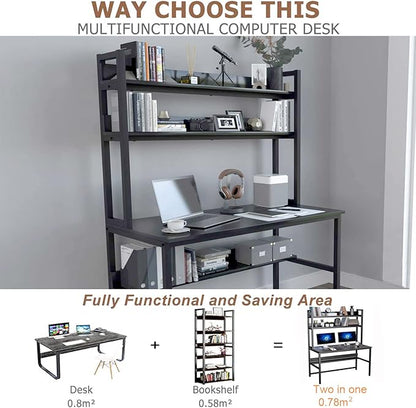 Aquzee Computer Desk with Hutch and Bookshelves, Large Leg Room 47 inch Width Black Desk with Space Saving Storage Shelves for Home Office,Study, Work, Easy Assemble