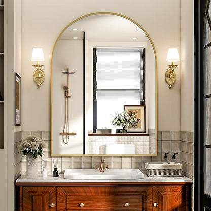 Arch Bathroom Mirror, 24x36 Inch - Wall Mounted Vanity Mirror with Aluminum Alloy Frame - Ideal for Living Room, Bedroom, Bathroom, and Entryway, Hanging or Leaning, Gold