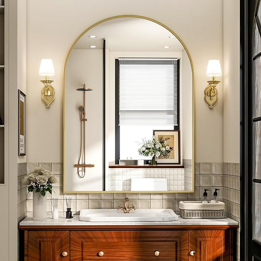 Arch Bathroom Mirror, 24x36 Inch - Wall Mounted Vanity Mirror with Aluminum Alloy Frame - Ideal for Living Room, Bedroom, Bathroom, and Entryway, Hanging or Leaning, Gold