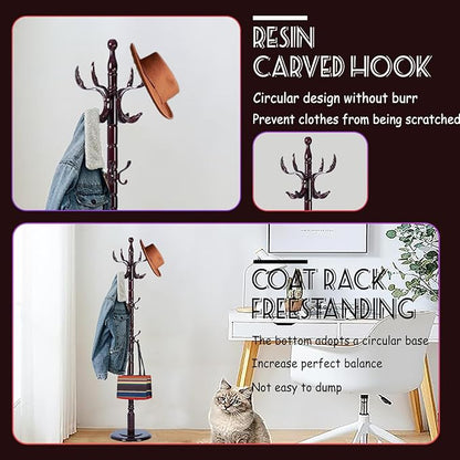 72 in Wood Coat Rack, Coat Rack Freestanding with Stable Round Base, Adjustable Height Tree Coat Racks Stand for Home Bedroom Office Hallway Entryway (Solid Wood Fenghuang Gou)