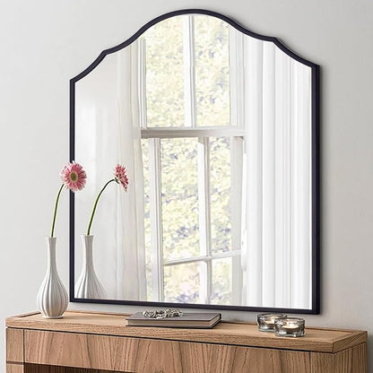32"x30" Vanity Mirror for Wall, with Black Arched Decorative Metal Frame, Scalloped Entryway Mirror for Bedroom, Bathroom, Living Room