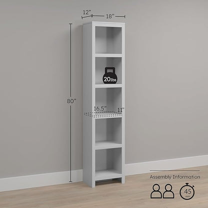 Prepac Moda 80" Tall 5-Tier Narrow Bookcase in White, Modern Storage Accent Bookshelf with 3 Adjustable Shelves for Home, Office, Living Room, Bedroom