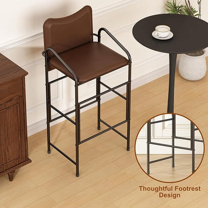 GILLAS Set of 2 Bar Stools with Backrest and Armrest, 36.2" PU Leather Counter Height Stools, Industrial Bar Chairs for Kitchen Island, Home Bar, Brown