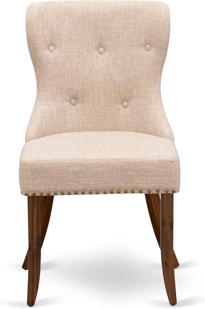 NESI9-AWA-04-9-Piece Dining Table Set Consists of a Modern Kitchen Table and 8 Light Tan Linen Fabric Dining Chairs with Button Tufted Back - Antique Walnut Finish