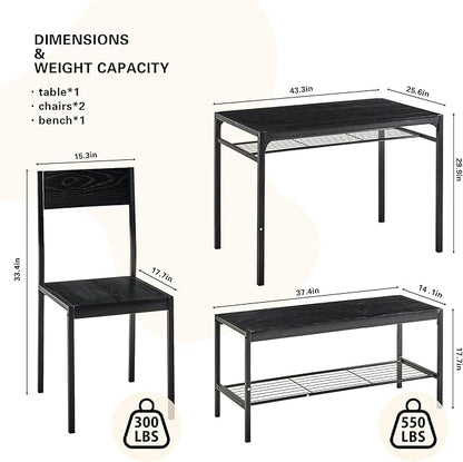 VECELO Kitchen Dining Room Table with 2 Chairs & Bench, Compact Space-Saving Design, Easy Assembly Steel Frame, Perfect for Small Apartments & Breakfast Nooks，Industrial