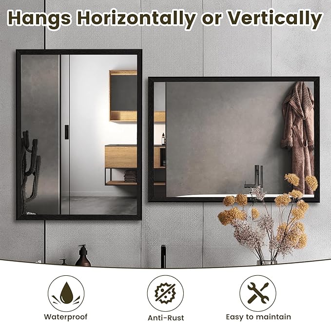 WEER 24X36 Inch Black Bathroom Mirror, Matte Black Framed Mirror, Rectangular Wall Mirror, Vanity Mirror for Bathroom, Anti-Rust, Tempered Glass, Hangs Horizontally or Vertically