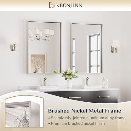 Keonjinn 24 x 36 In Brushed Nickel Bathroom Mirror, Rectangular Metal Framed Wall Vanity Mirror for Over Sink Square Corner Aluminum Alloy Modern Farmhouse Rectangle Silver Mirror(Horizontal/Vertical)